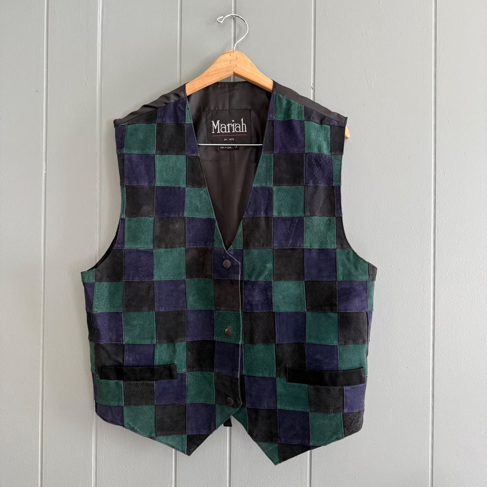 Mariah by‎ MPW Vintage Suede Patchwork Vest Green Navy Black Checkerboard 1X